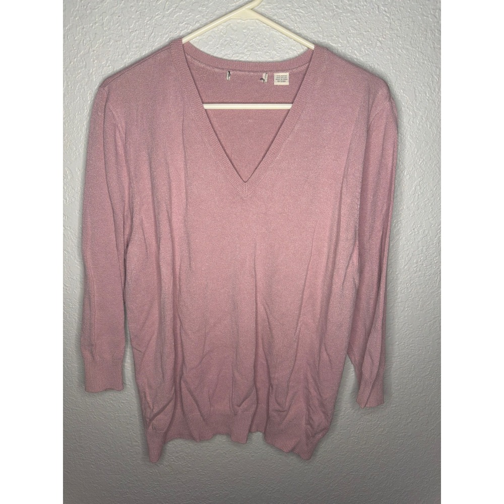 V-Neck EILEEN FISHER Sweater Womens Large Pink Excellent 3/4 Sleeve Pullover